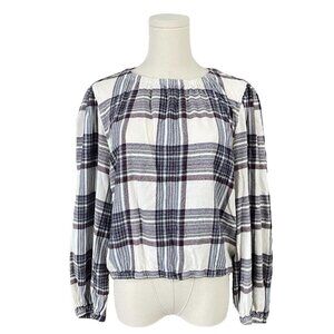 Cloth & Stone Rayon Flannel Blouson Top Womens M White Blue Bishop Plaid Cottage